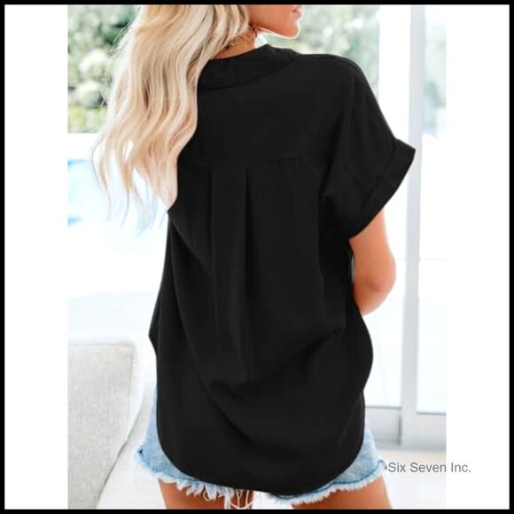 Cotton Short Sleeve Button Down Shirt with Pocket Casual Blouse - Picture 4 of 6